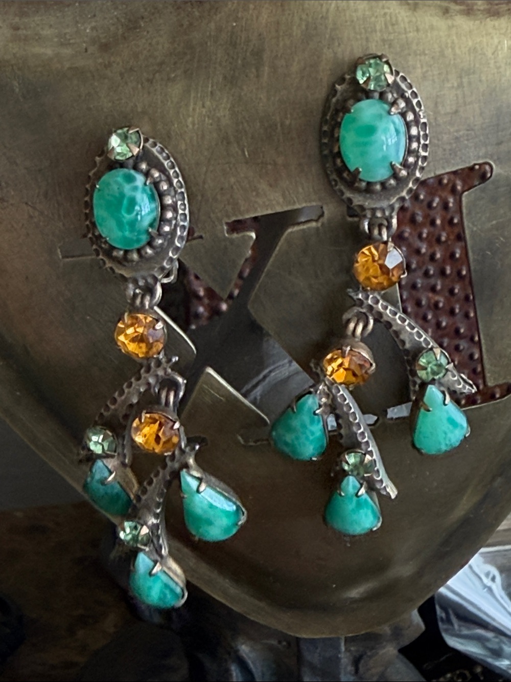 Vintage earrings green cabochons and Amber Dangle clip style